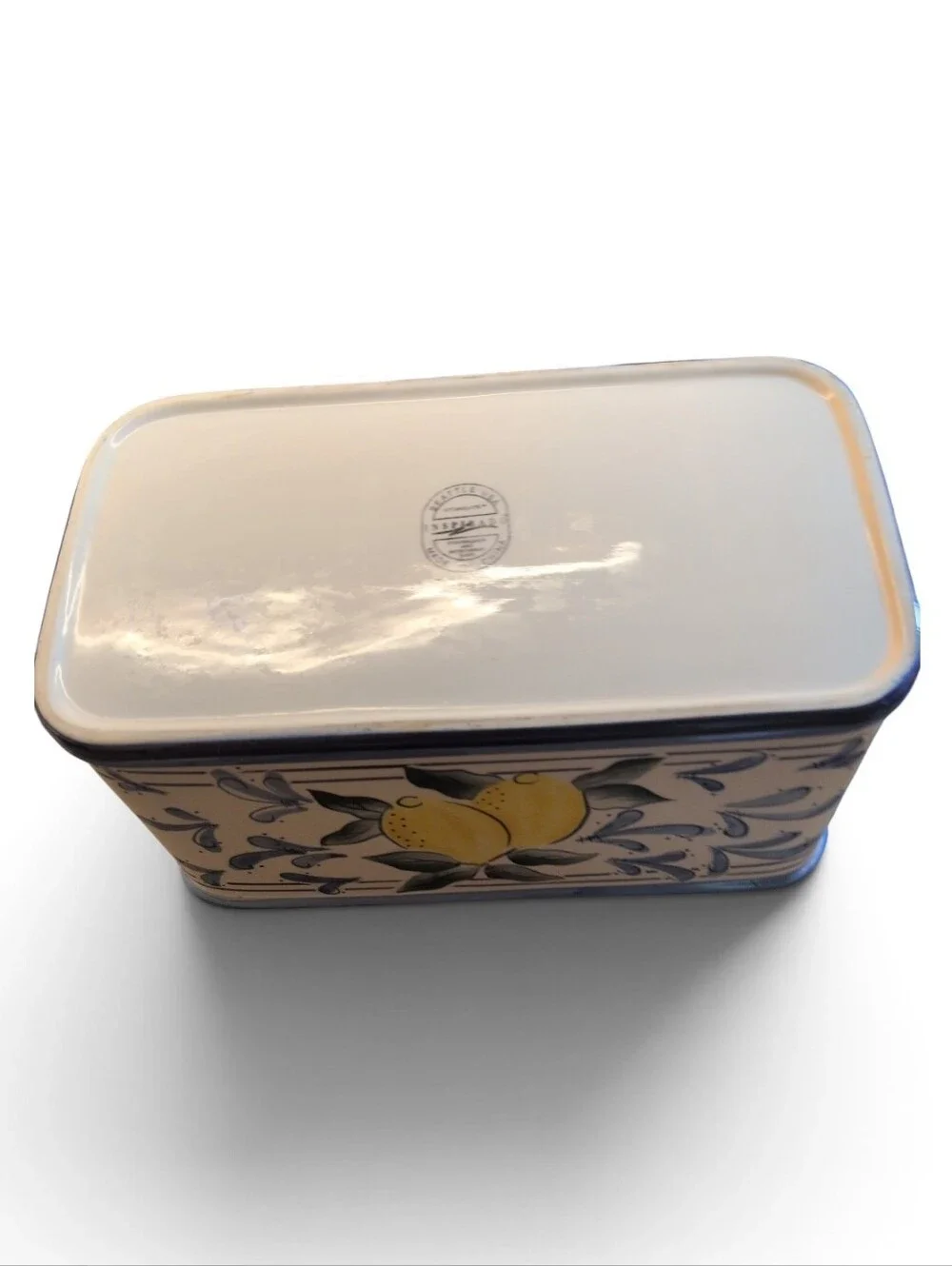 Ceramic Lemon Bread Box with Blue Trim - White and Yellow